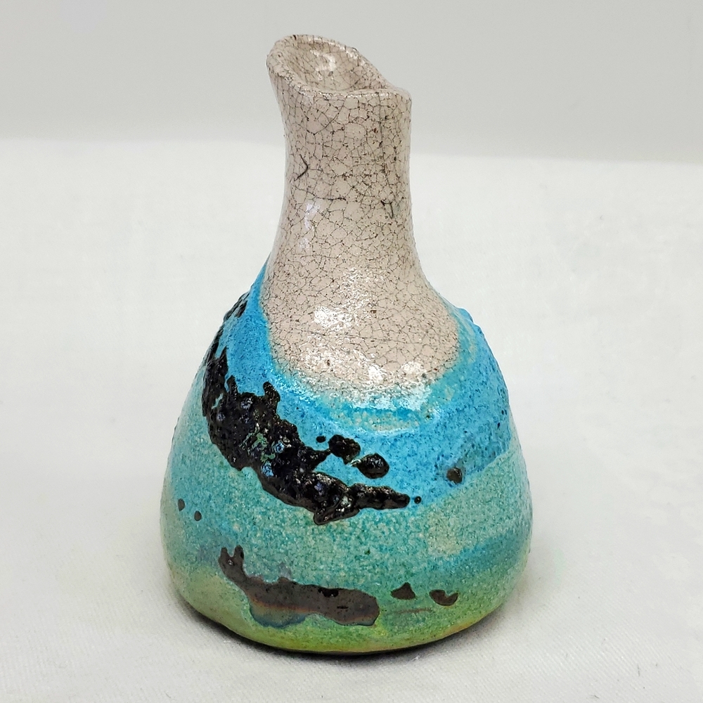 Vintage “Raku “ art pottery handmade  glazed 5” bud vase